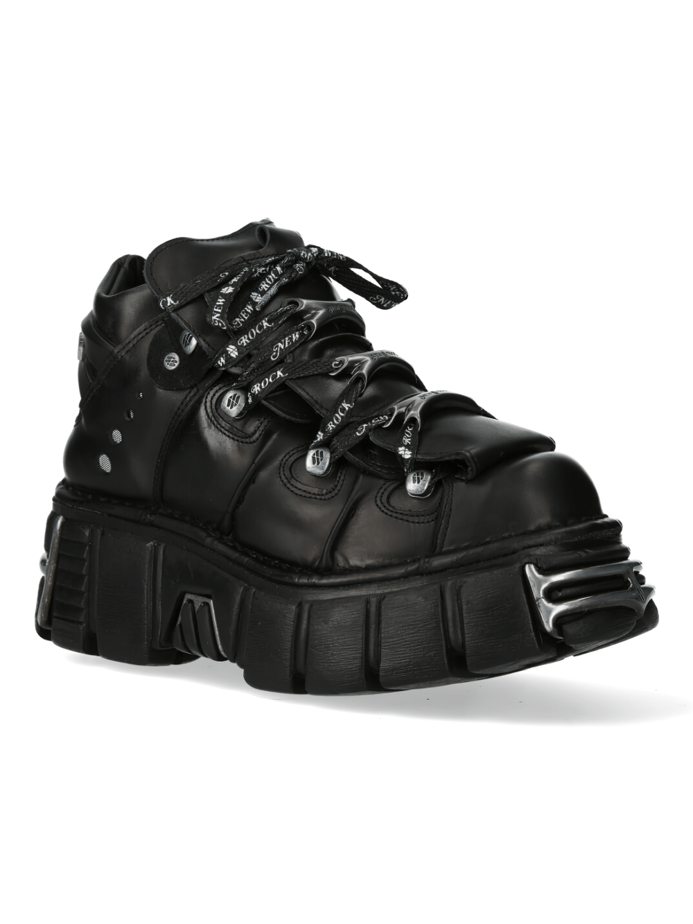 NEW ROCK Men's chunky gothic leather ankle boots with edgy metal details and bold punk style.
