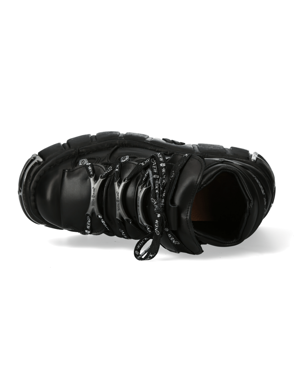 Top view of NEW ROCK chunky gothic leather ankle boots with edgy design and unique laces.