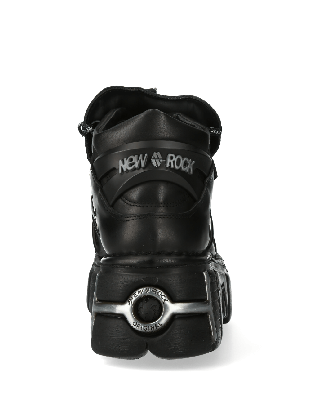 Back view of NEW ROCK Men's Chunky Gothic Leather Ankle Boots, featuring a sleek black design and metal accents.