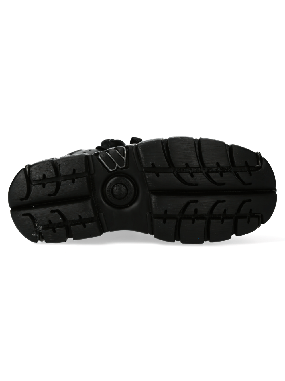 Bottom view of NEW ROCK Men's Chunky Gothic Leather Ankle Boots showcasing rugged tread and metal details.