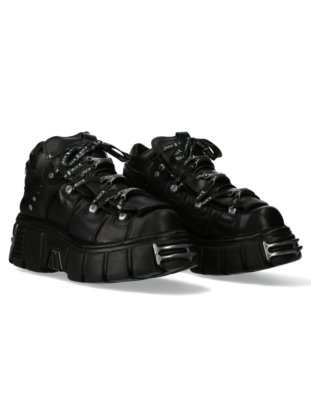 Chunky black gothic ankle boots with metal embellishments and bold design for edgy punk style.