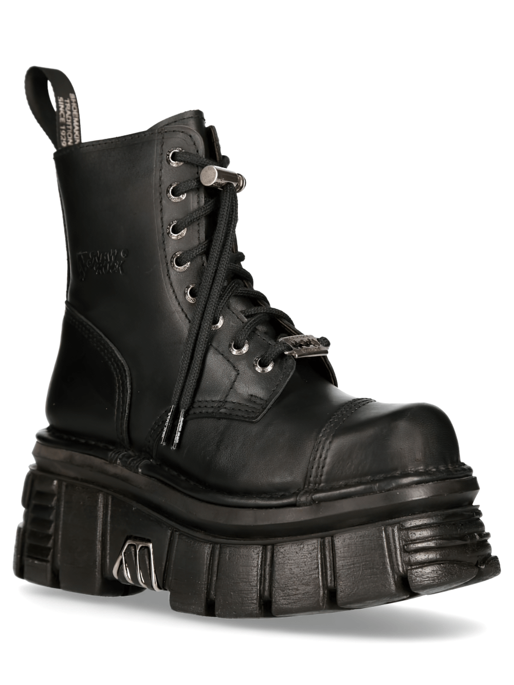 NEW ROCK Men's Chunky Platform Black Leather Boots, lace-up military style, perfect for urban adventures.