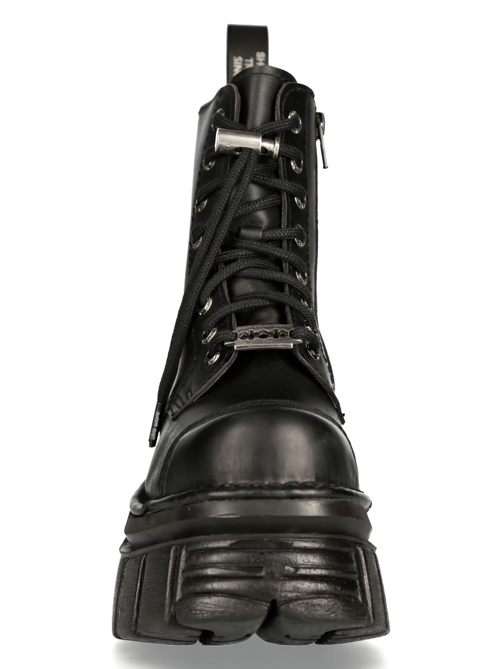 Front view of NEW ROCK Men's Chunky Platform Black Leather Lace-Up Boots for urban style and comfort.