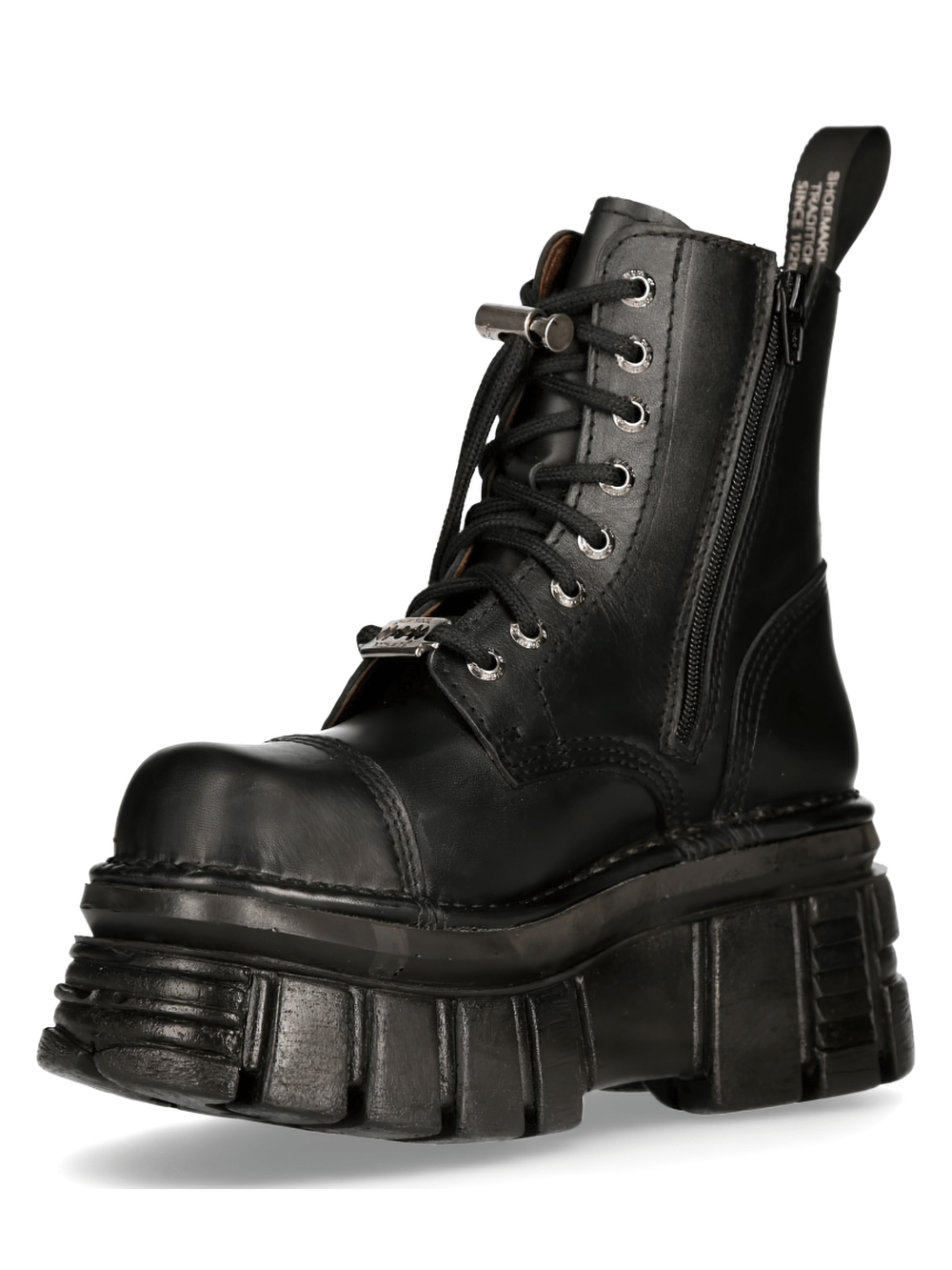 NEW ROCK Men's Chunky Platform Black Leather Boots with Lace-up, urban military style for durable adventures.
