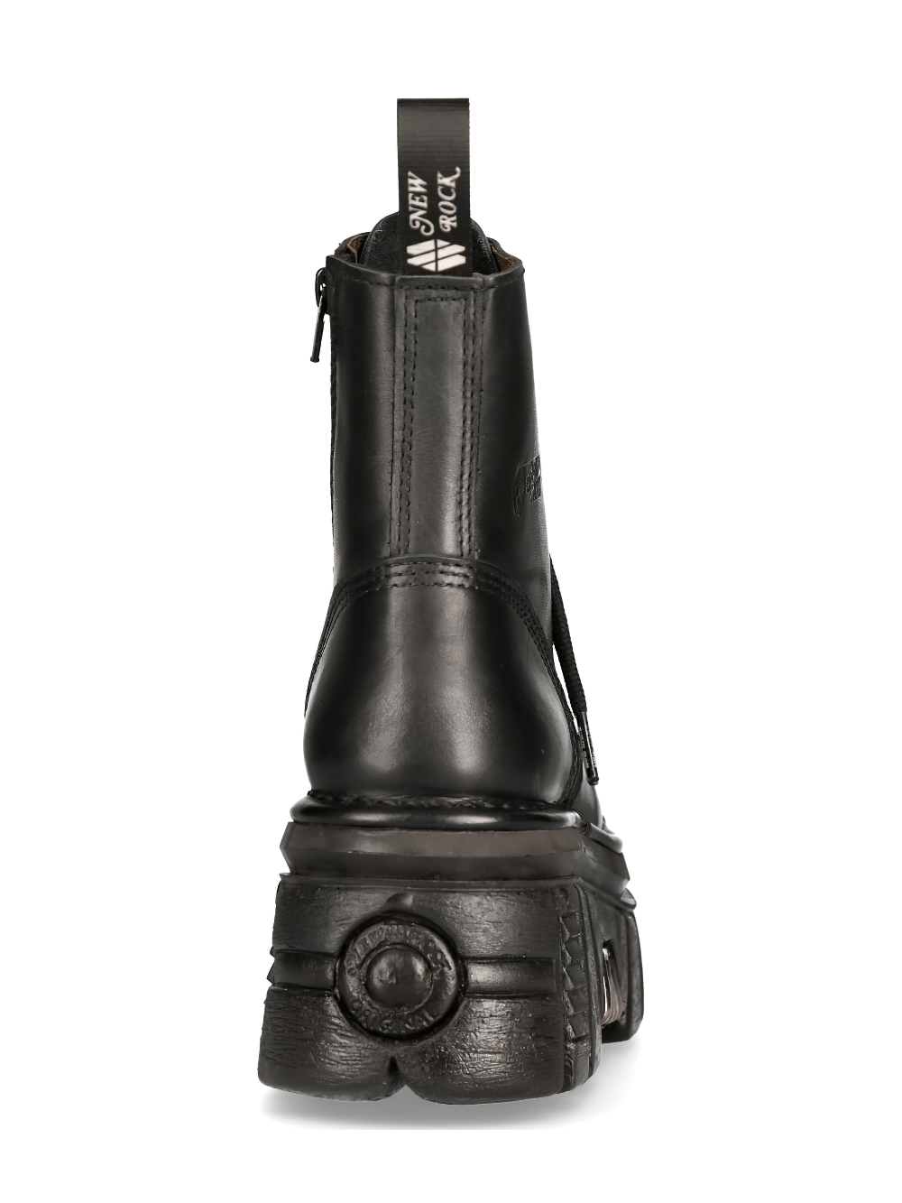 Back view of NEW ROCK Black Chunky Platform Leather Boots, featuring unique low shaft and rugged design for urban adventures.