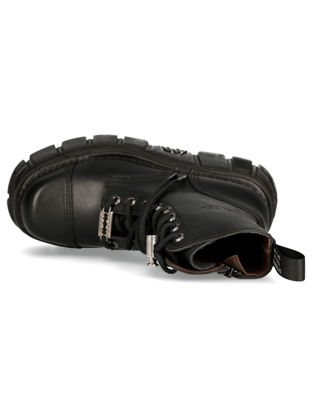 NEW ROCK Men's black leather chunky platform boot with lace-up design and rugged sole for urban style.