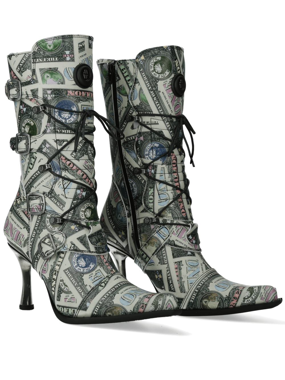NEW ROCK Currency Print High Heel Lace-up Boots