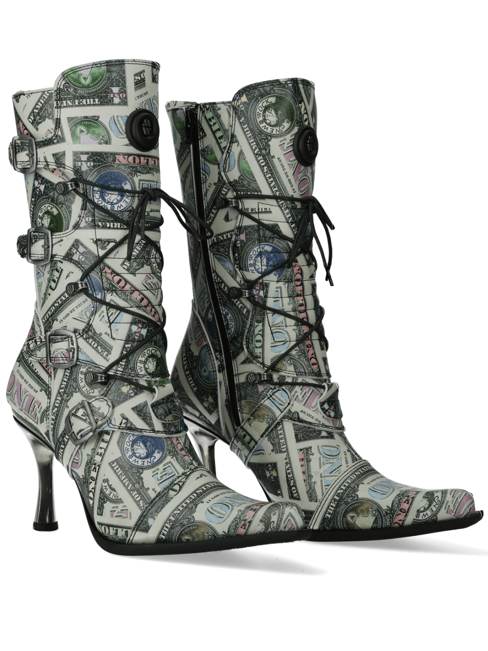 NEW ROCK Currency Print High Heel Lace-up Boots featuring vibrant money patterns and punk rock design.