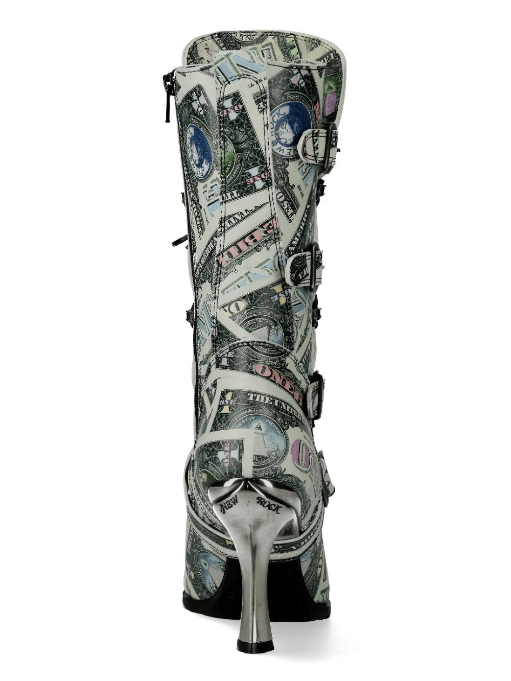 NEW ROCK Currency Print High Heel Lace-up Boots featuring a bold money print design and a sleek silhouette.