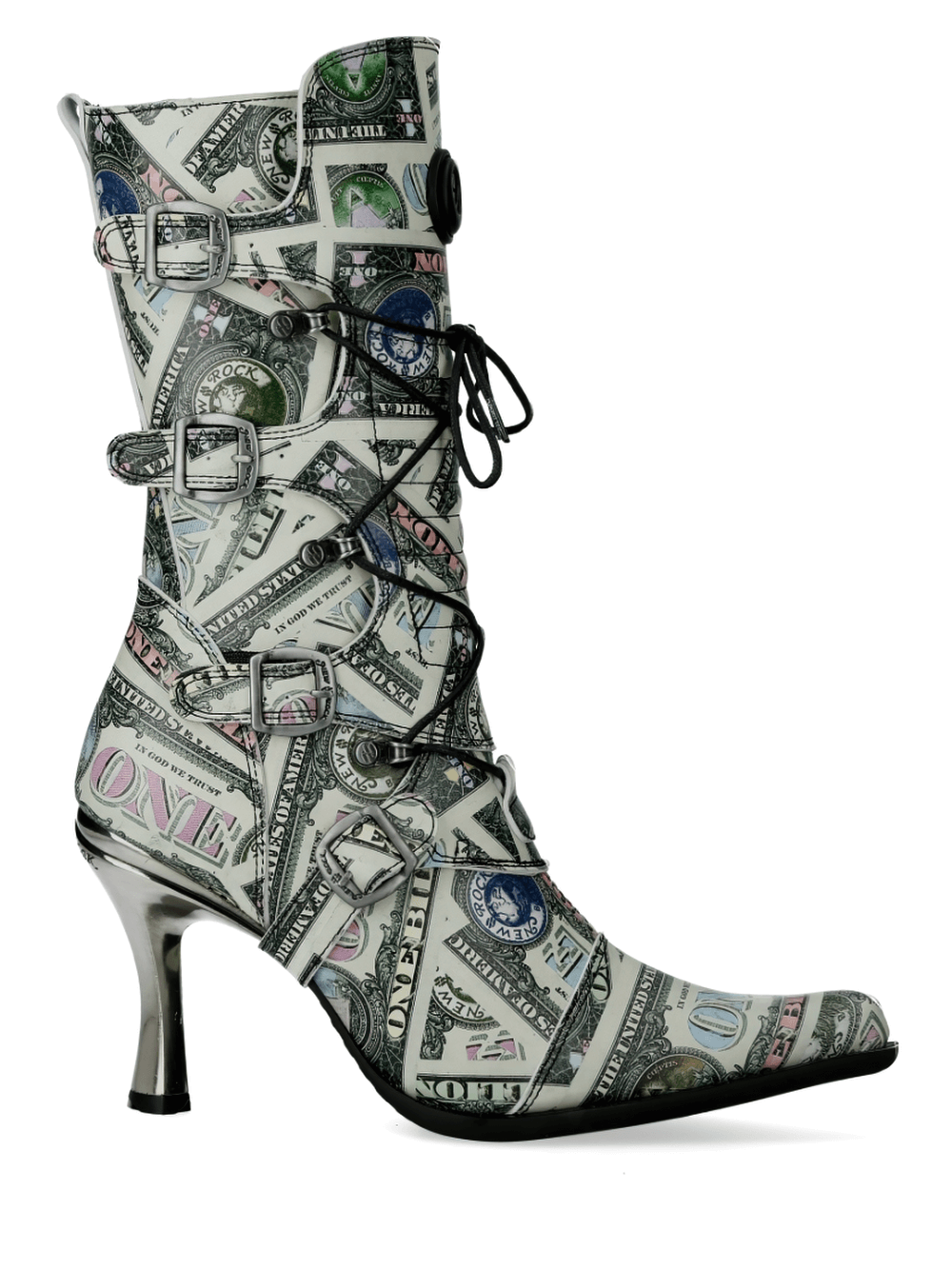 Currency Print High Heel Lace-up Boots with money design, part of the MALICIA COLLECTION, perfect for punk rock fashion.
