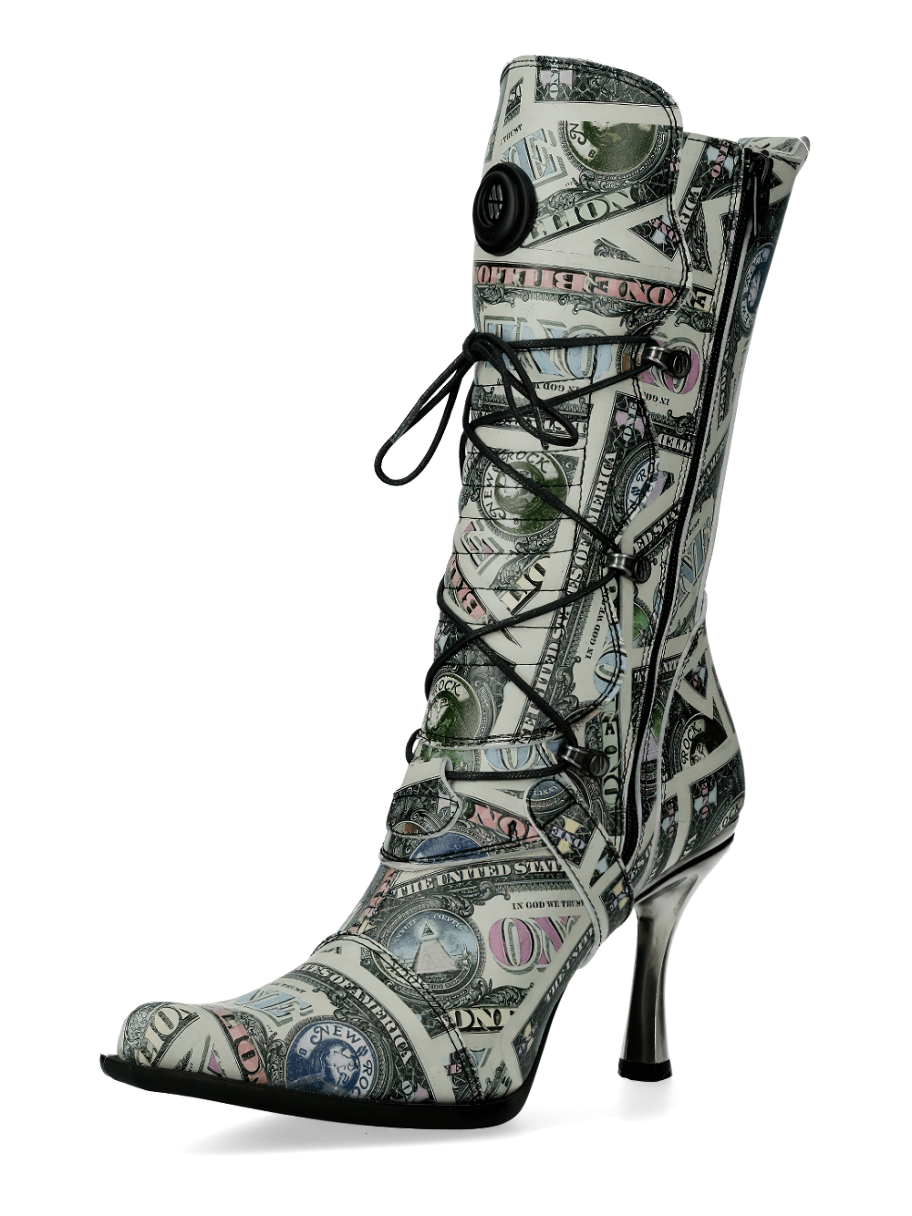 NEW ROCK Money Print High Heel Lace-up Boots from the MALICIA COLLECTION with punk rock style.