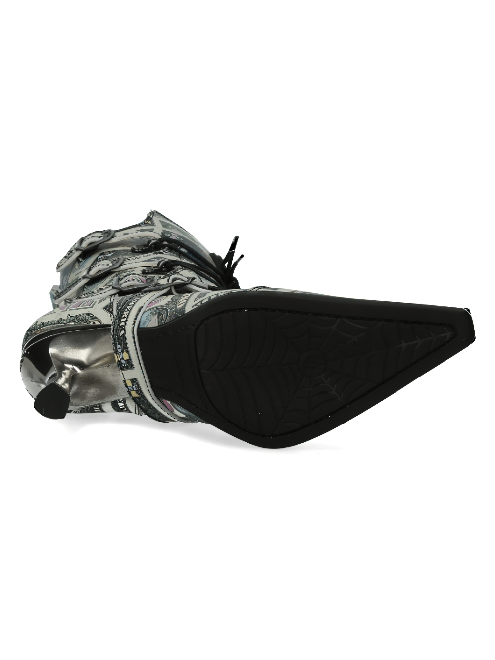 Bottom view of NEW ROCK Currency Print High Heel Lace-up Boots featuring money print design and punk rock style.