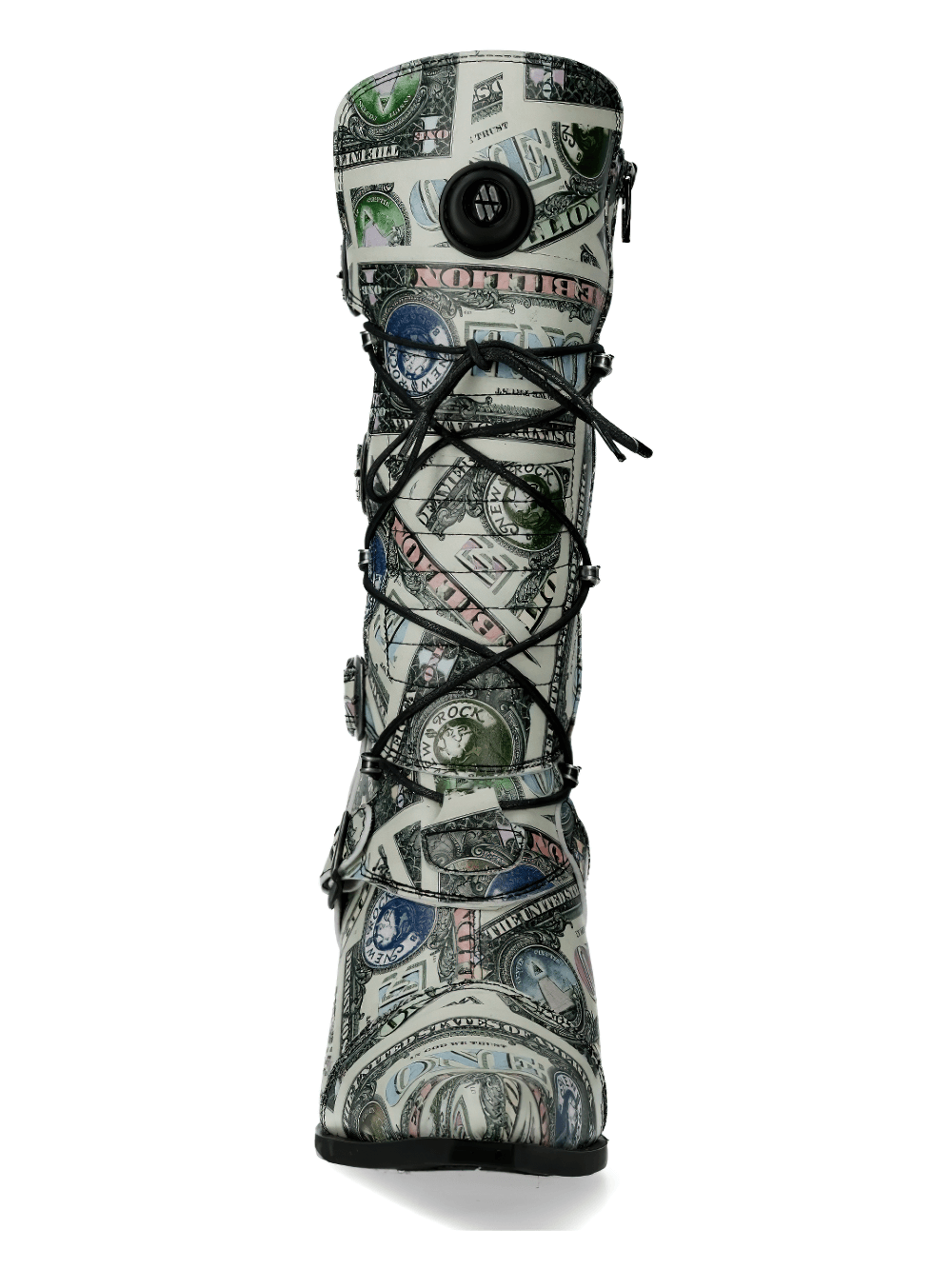 NEW ROCK Currency Print High Heel Lace-up Boots featuring vibrant money print patterns and punk rock design.