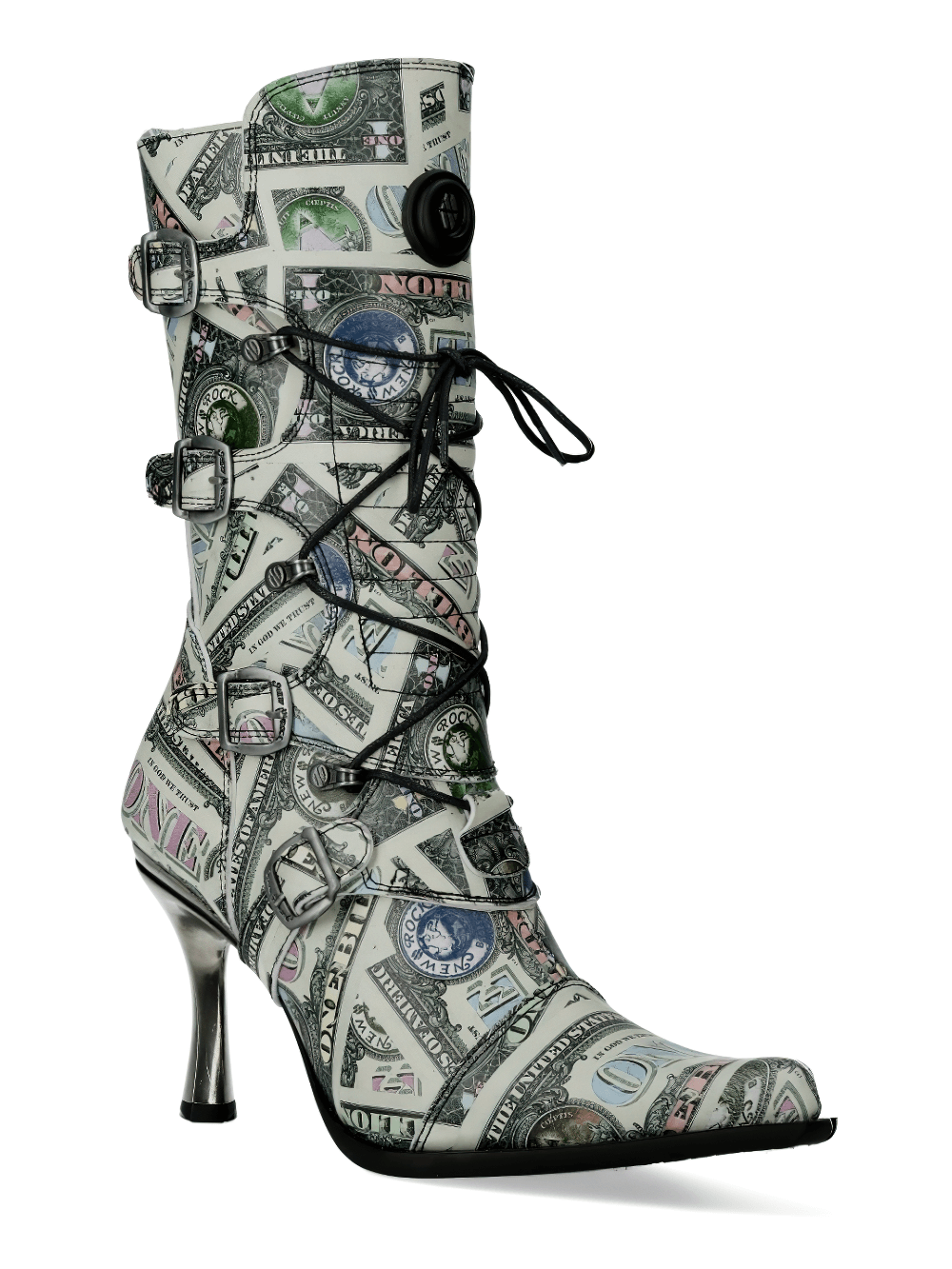 NEW ROCK Currency Print High Heel Lace-up Boots with money graphics, showcasing punk rock style and gothic flair.