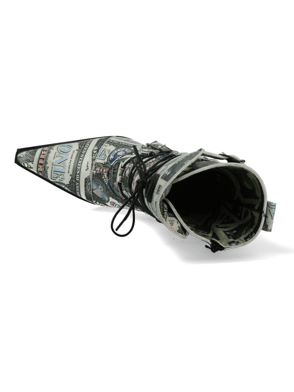Top view of NEW ROCK Currency Print High Heel Lace-up Boots featuring vibrant money print design.