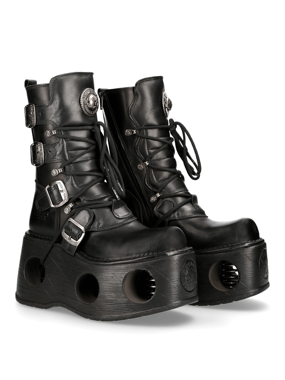 NEW ROCK Men's Cyberpunk Buckled Platform Boots with chunky sole and bold buckles in black leather.
