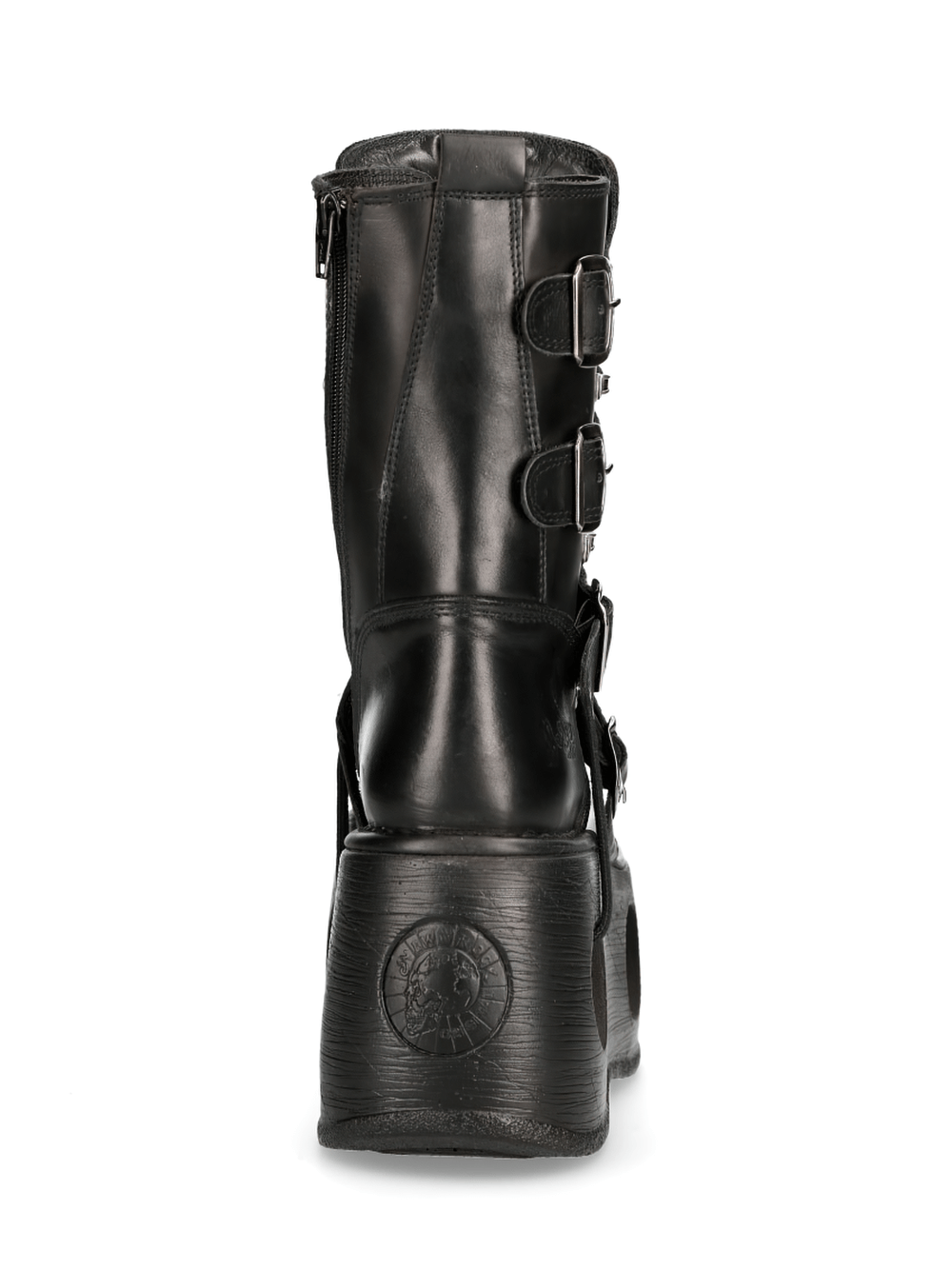 Back view of NEW ROCK Men's Cyberpunk Buckled Platform Boots with chunky sole and bold buckles.