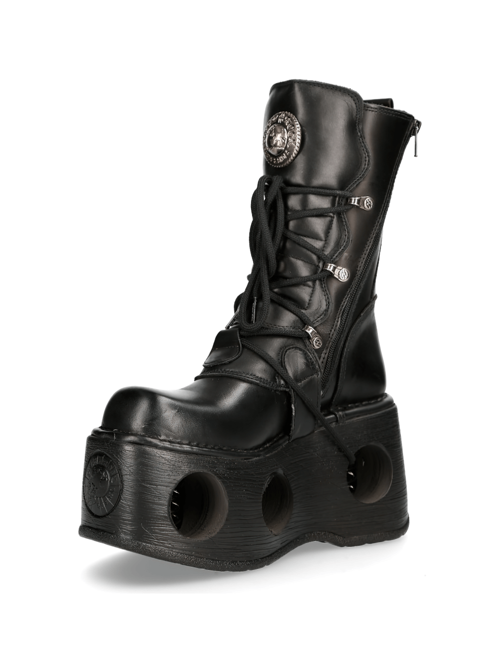 BLACK Cyberpunk Buckled Platform Boots with chunky sole and lace-up detail, perfect for bold fashion statements.