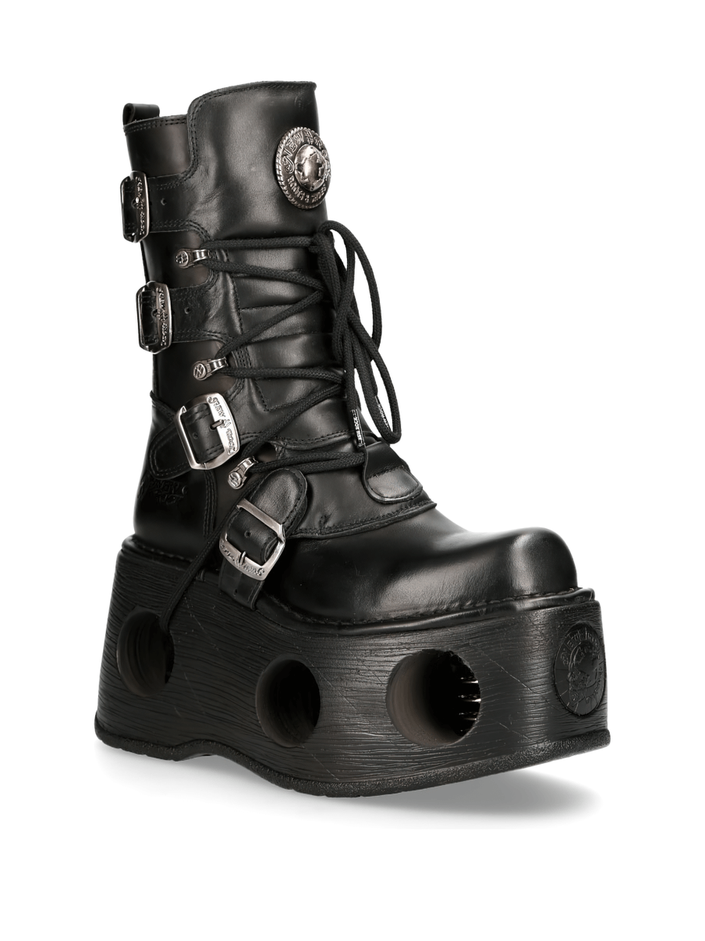 NEW ROCK Men's Cyberpunk Buckled Platform Boots in black, featuring chunky sole and striking buckles for a bold style.