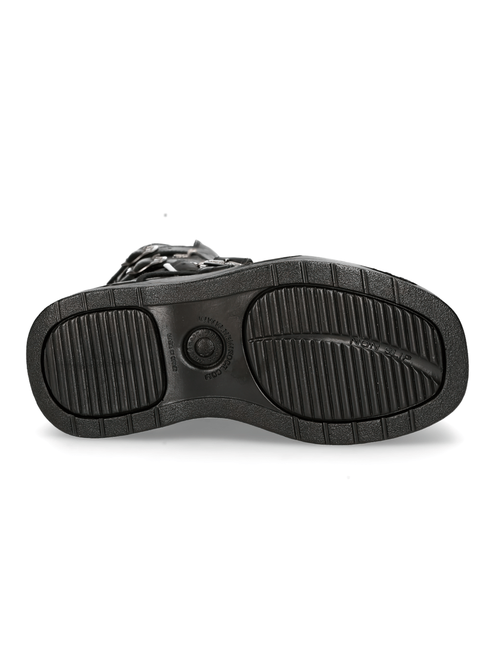 Bottom view of NEW ROCK Men's Cyberpunk Buckled Platform Boots with durable textured sole.