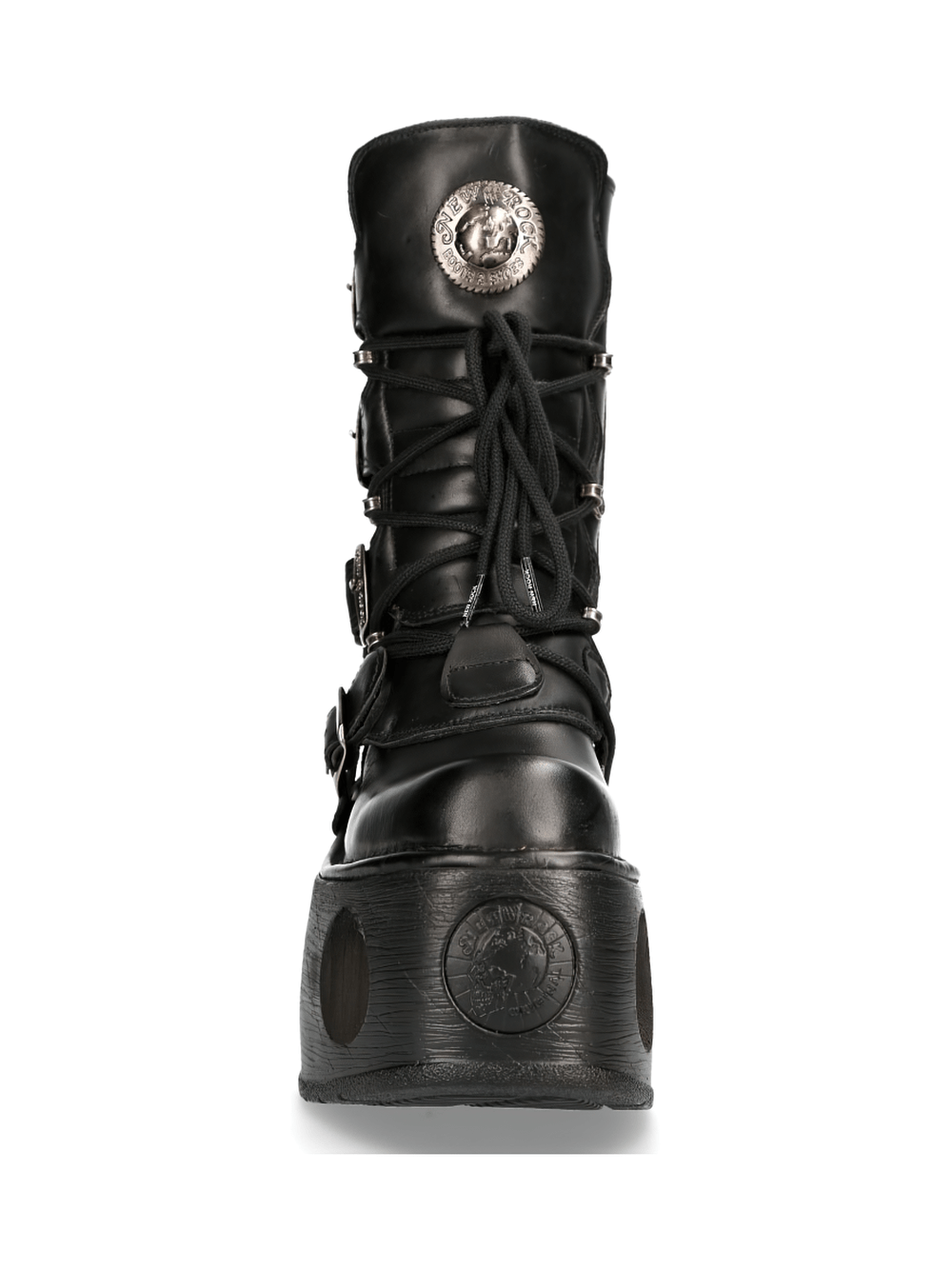 Front view of NEW ROCK Men's Cyberpunk Buckled Platform Boots with lace-up design and chunky sole.