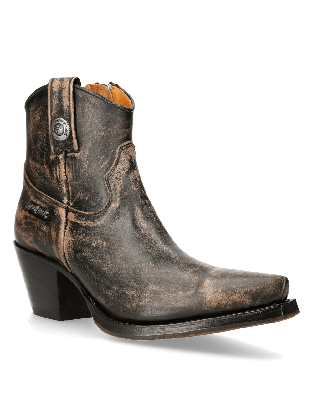 NEW ROCK distressed leather ankle boots with zipper, featuring a stylish biker edge and robust heel.
