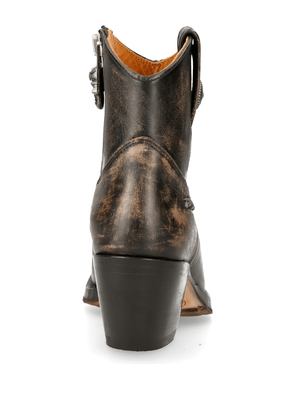 Back view of NEW ROCK distressed leather ankle boots showcasing stylish rugged design and normal heel.