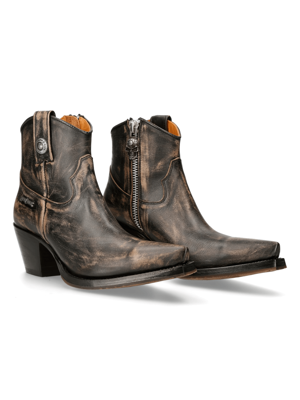 NEW ROCK Distressed Leather Ankle Boots with zipper and heels, ideal for a stylish biker look.