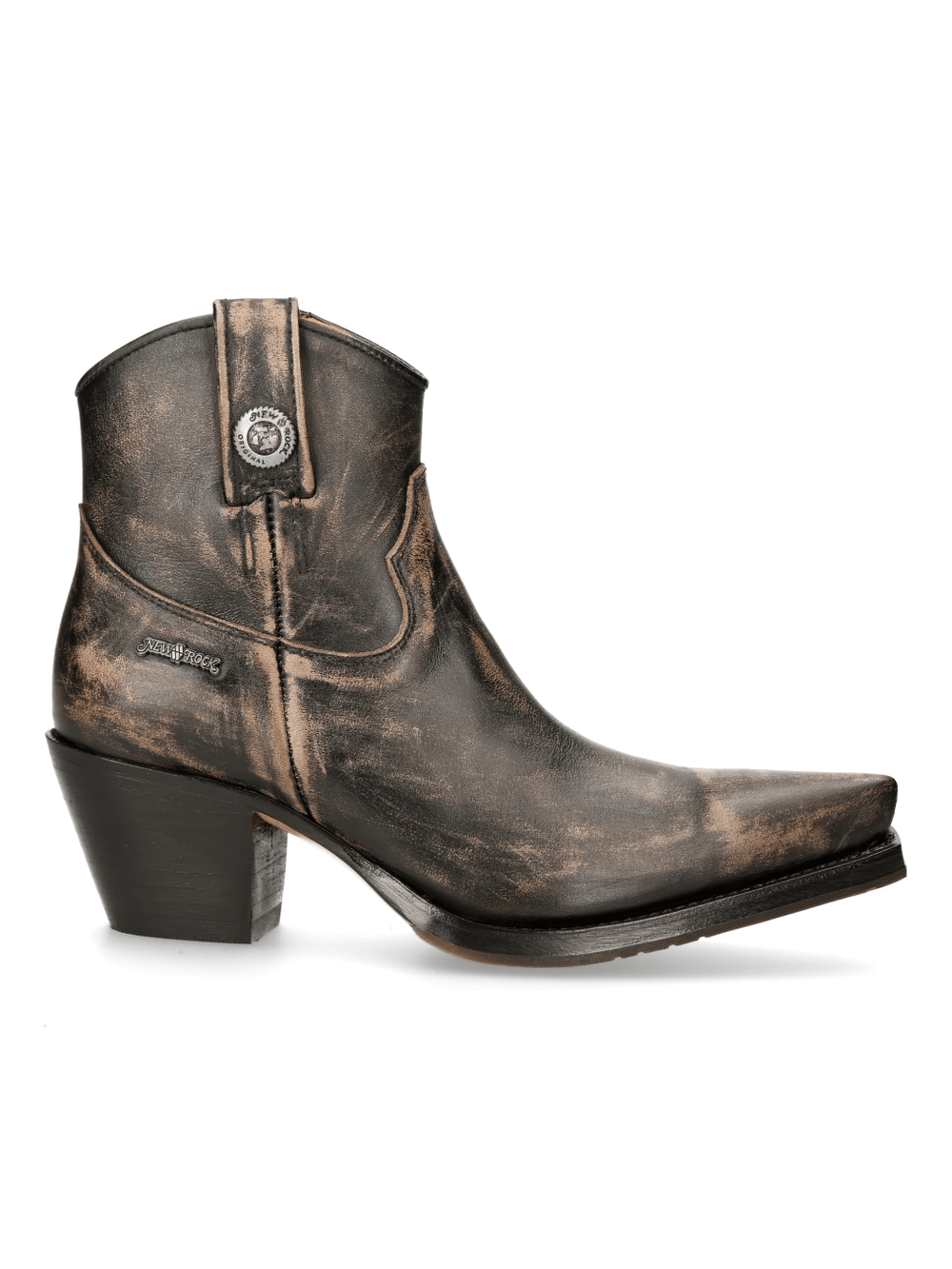 Stylish NEW ROCK distressed leather ankle boots with zipper, featuring a rugged design and Goodyear-welt construction.