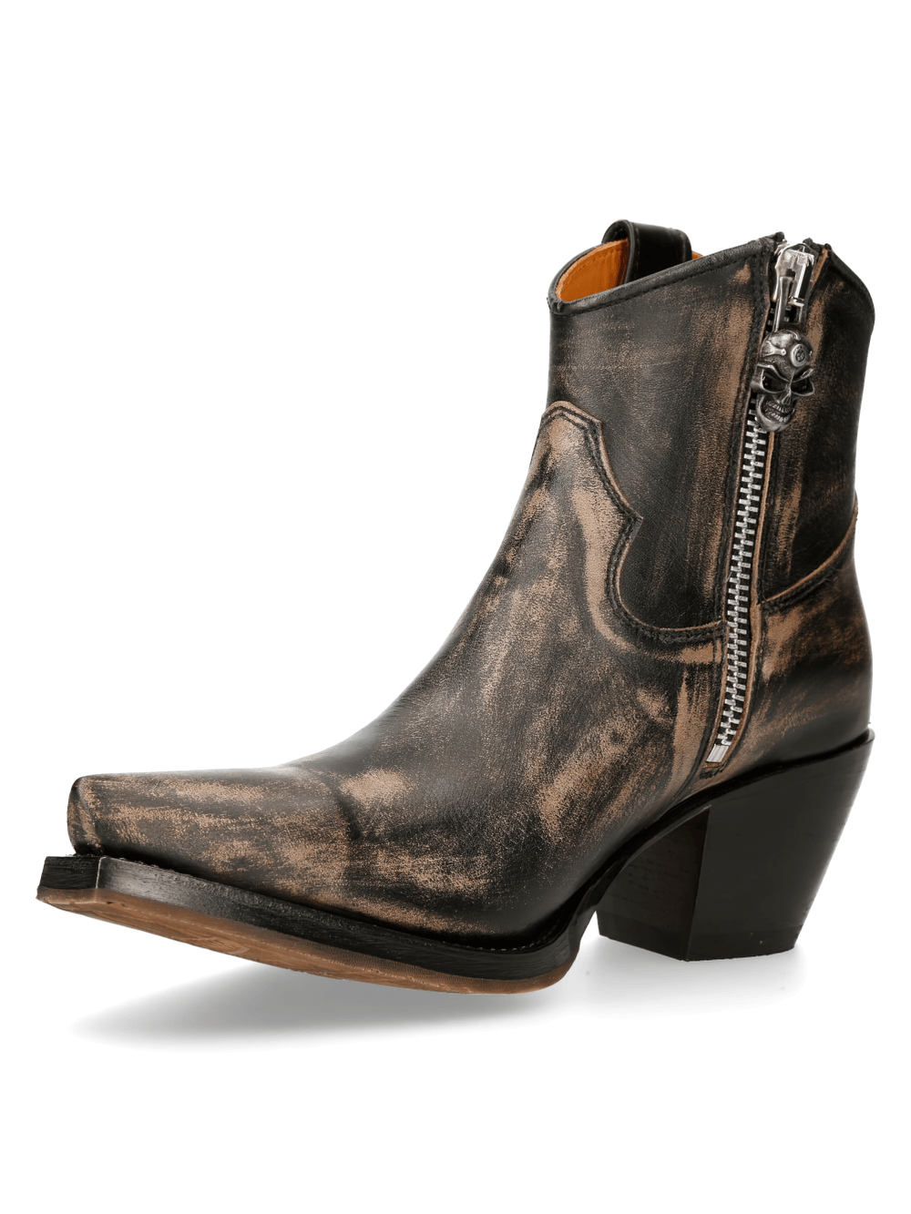 NEW ROCK distressed leather ankle boots with zipper, showcasing a stylish biker edge and rugged design.