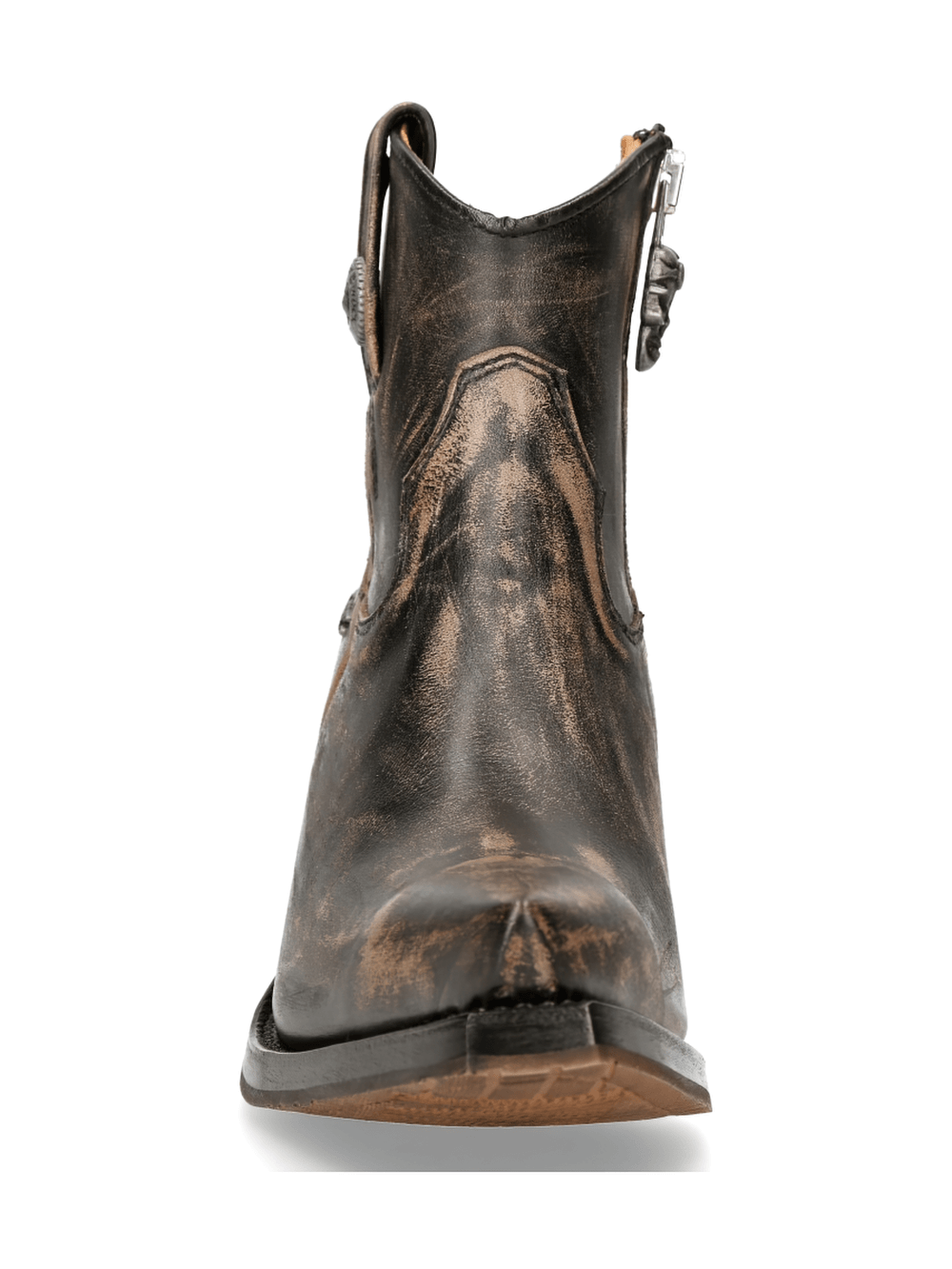 Front view of NEW ROCK distressed leather ankle boots with zipper, showcasing stylish rugged design and genuine leather.