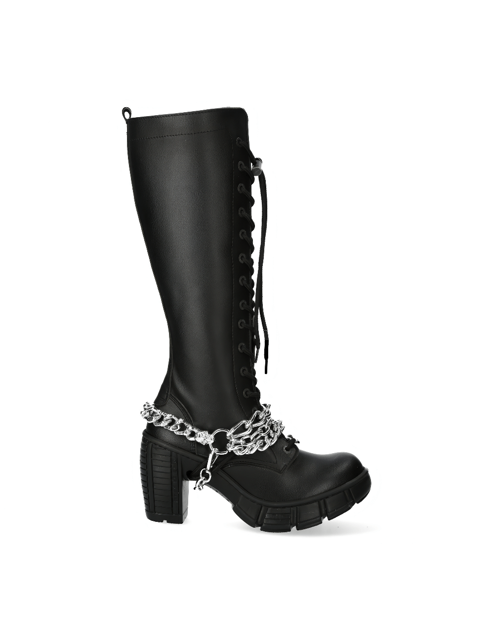New Rock black knee high boots with dramatic chain detail and lace-up design, perfect for punk style fashion.