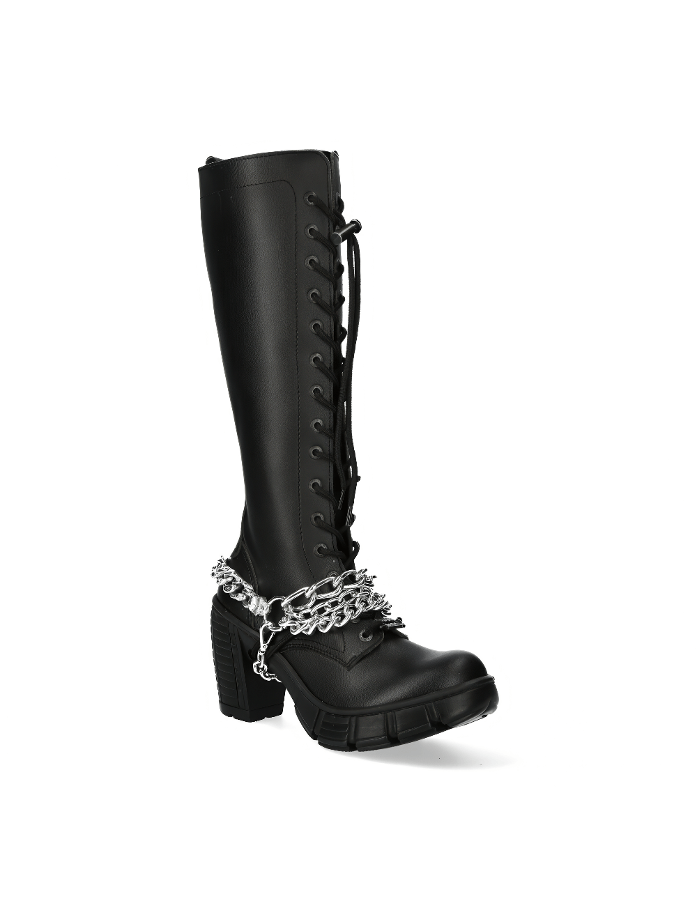 Black knee high punk boots with lace-up front and silver chain detail for a bold rock style.