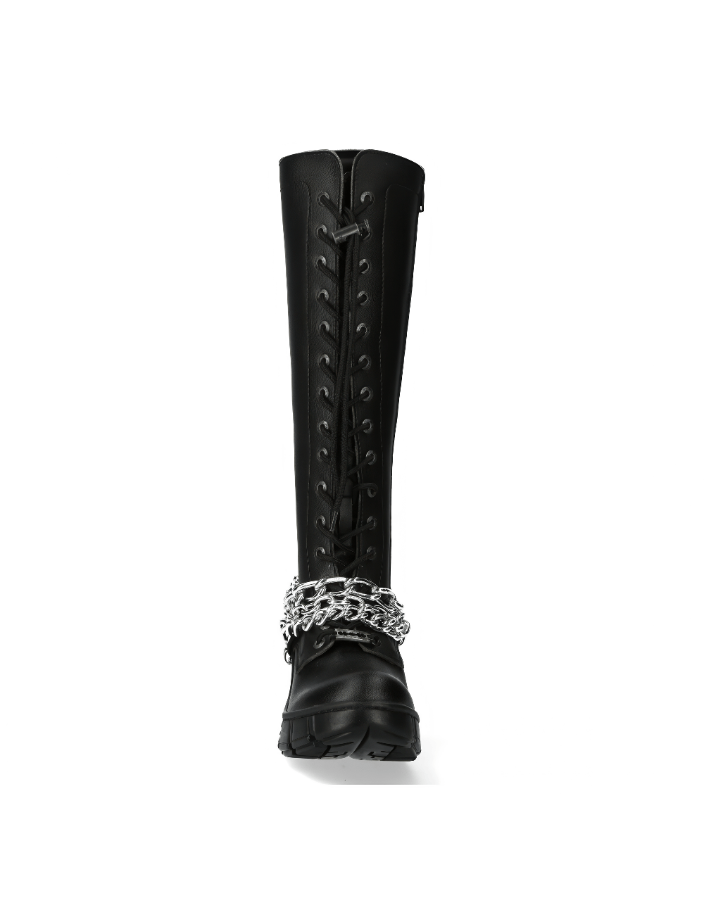New Rock Punk lace-up black knee high boots with chain detail, perfect for bold fashion statement.