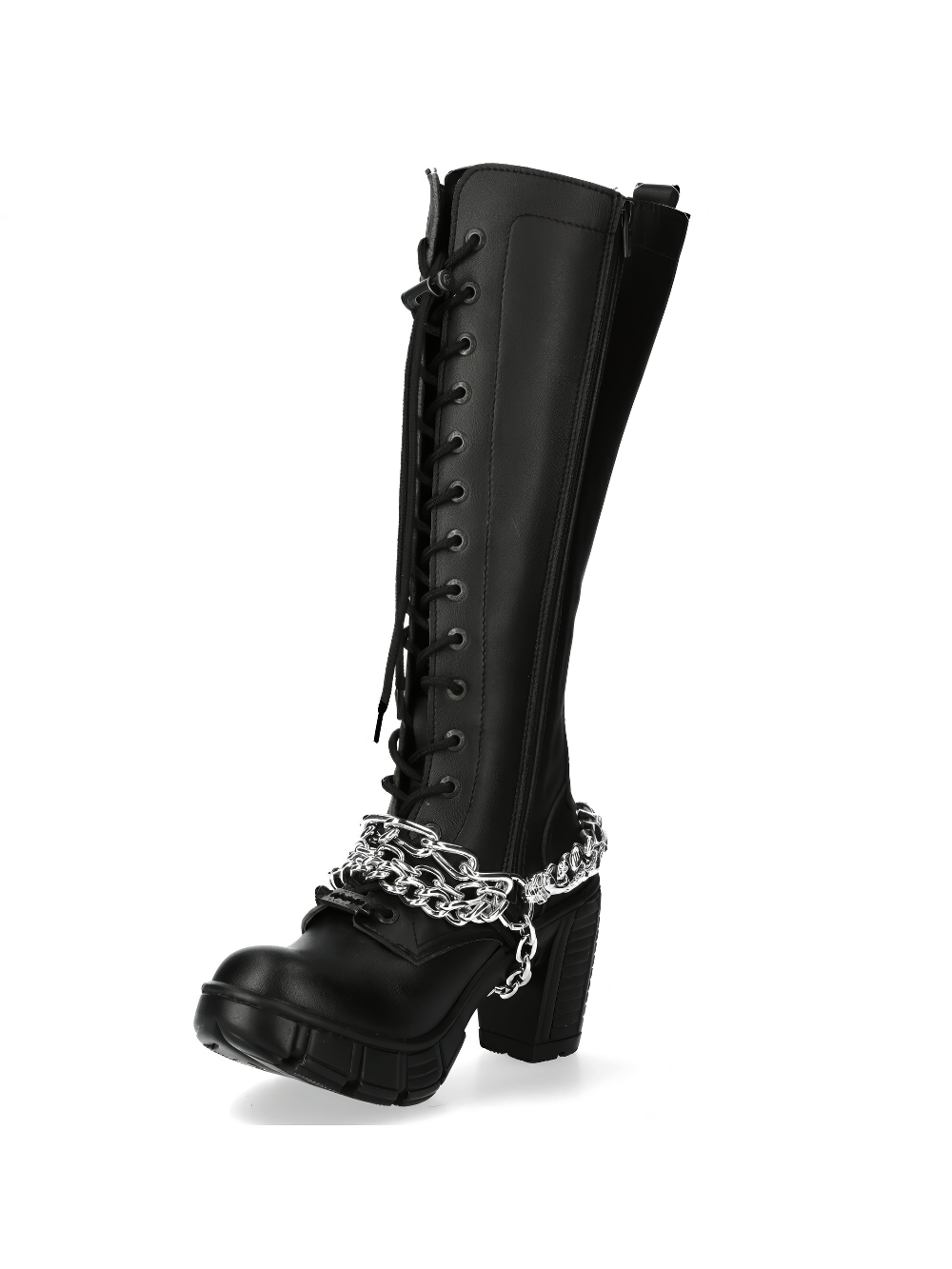 NEW ROCK black knee high boots with chain detail, lace-up design, perfect for edgy punk fashion.