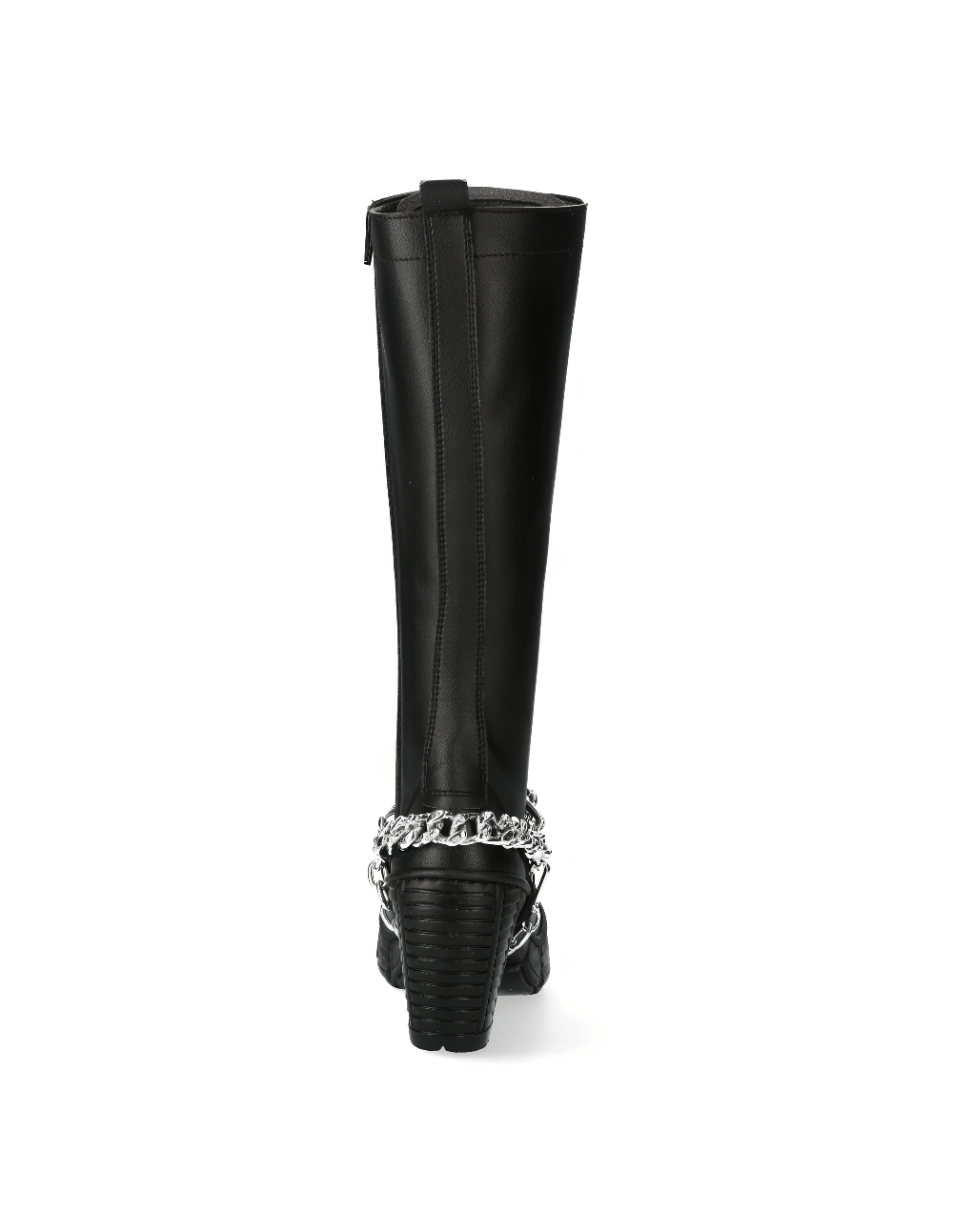 Back view of NEW ROCK Women's Black Punk Knee High Boots featuring stylish chain detail and sleek design.
