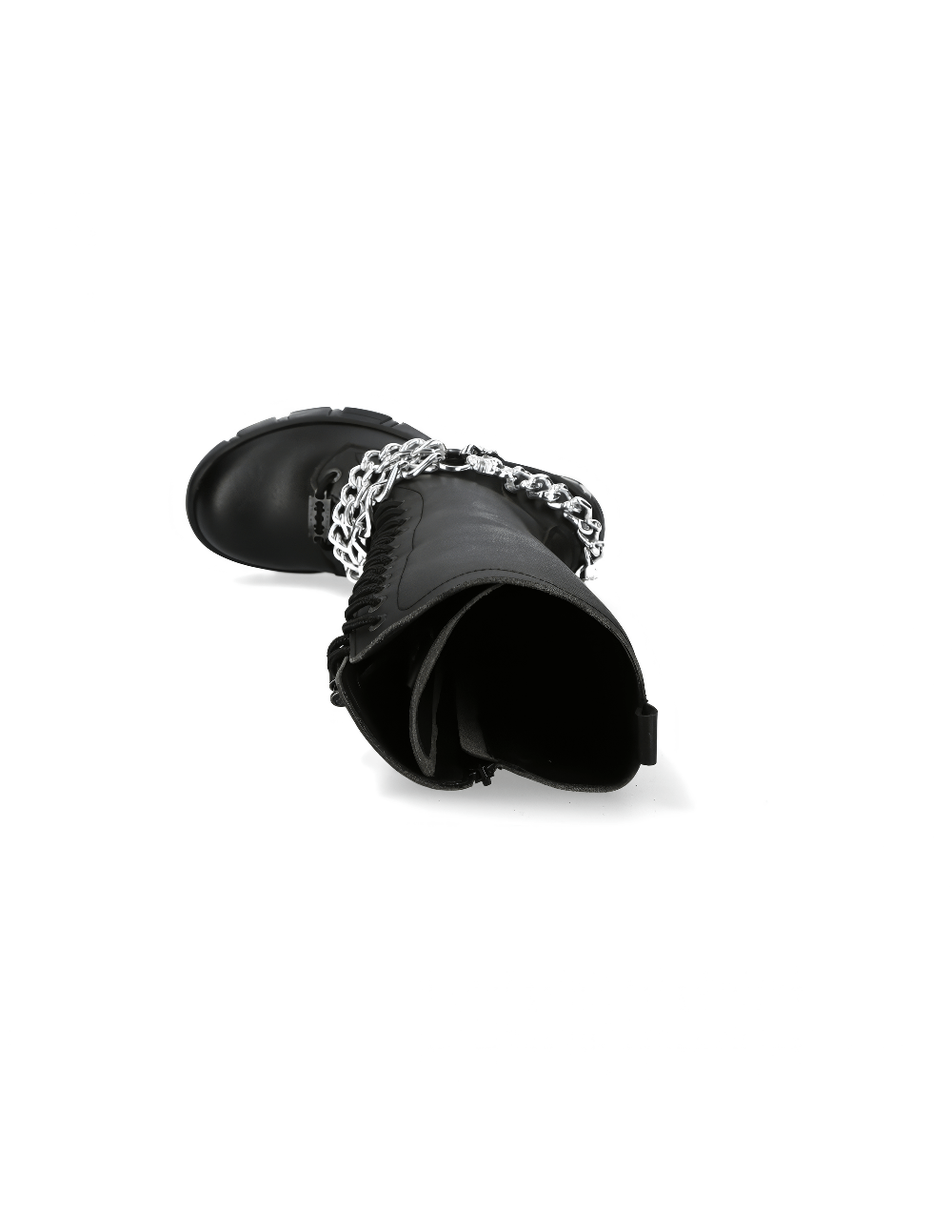 Stylish black knee high boots with chain detail for women, showcasing a bold punk rock aesthetic.