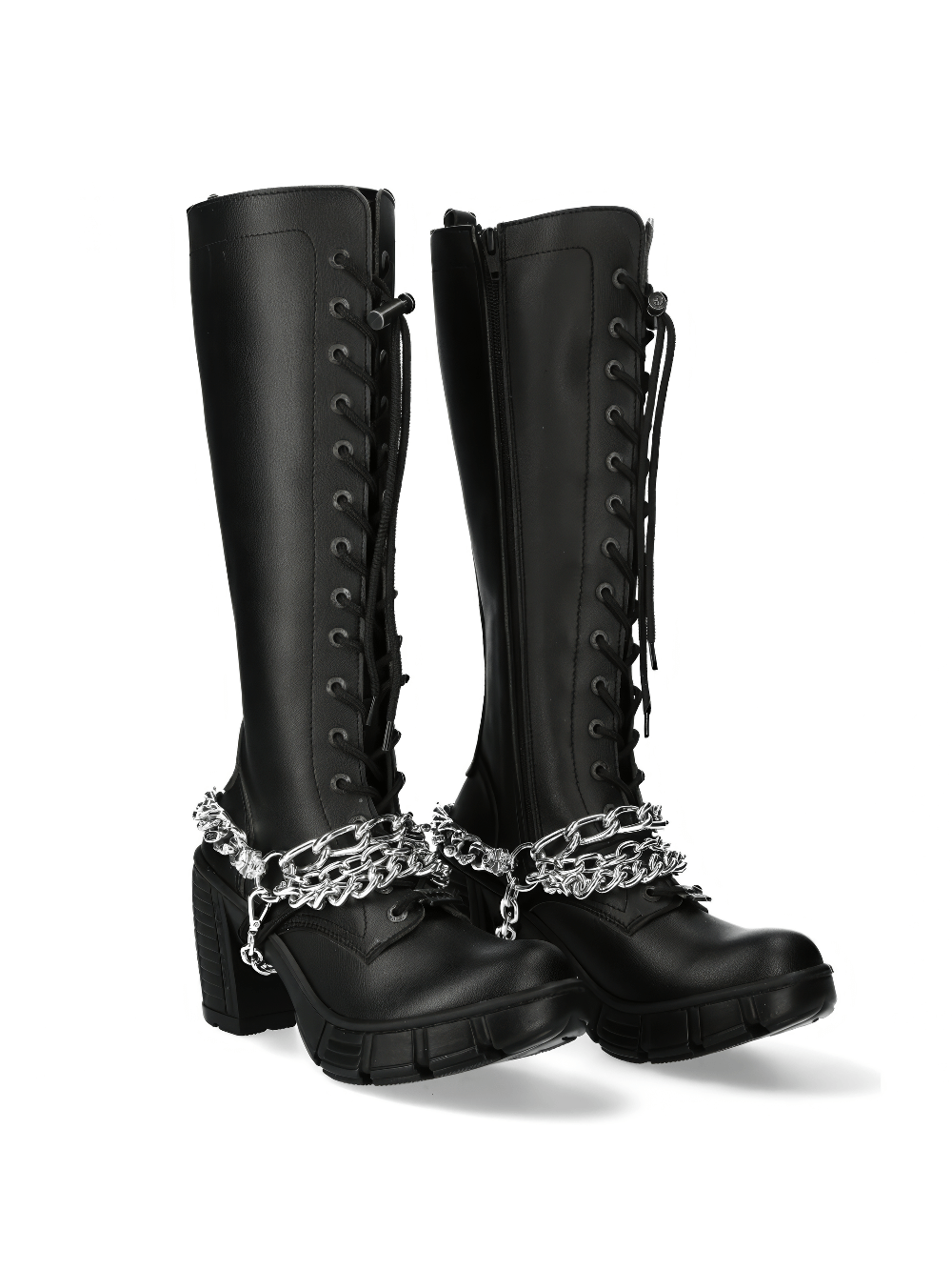 Dramatic black knee high punk boots with lace-up design and chain detail for bold fashion statements.