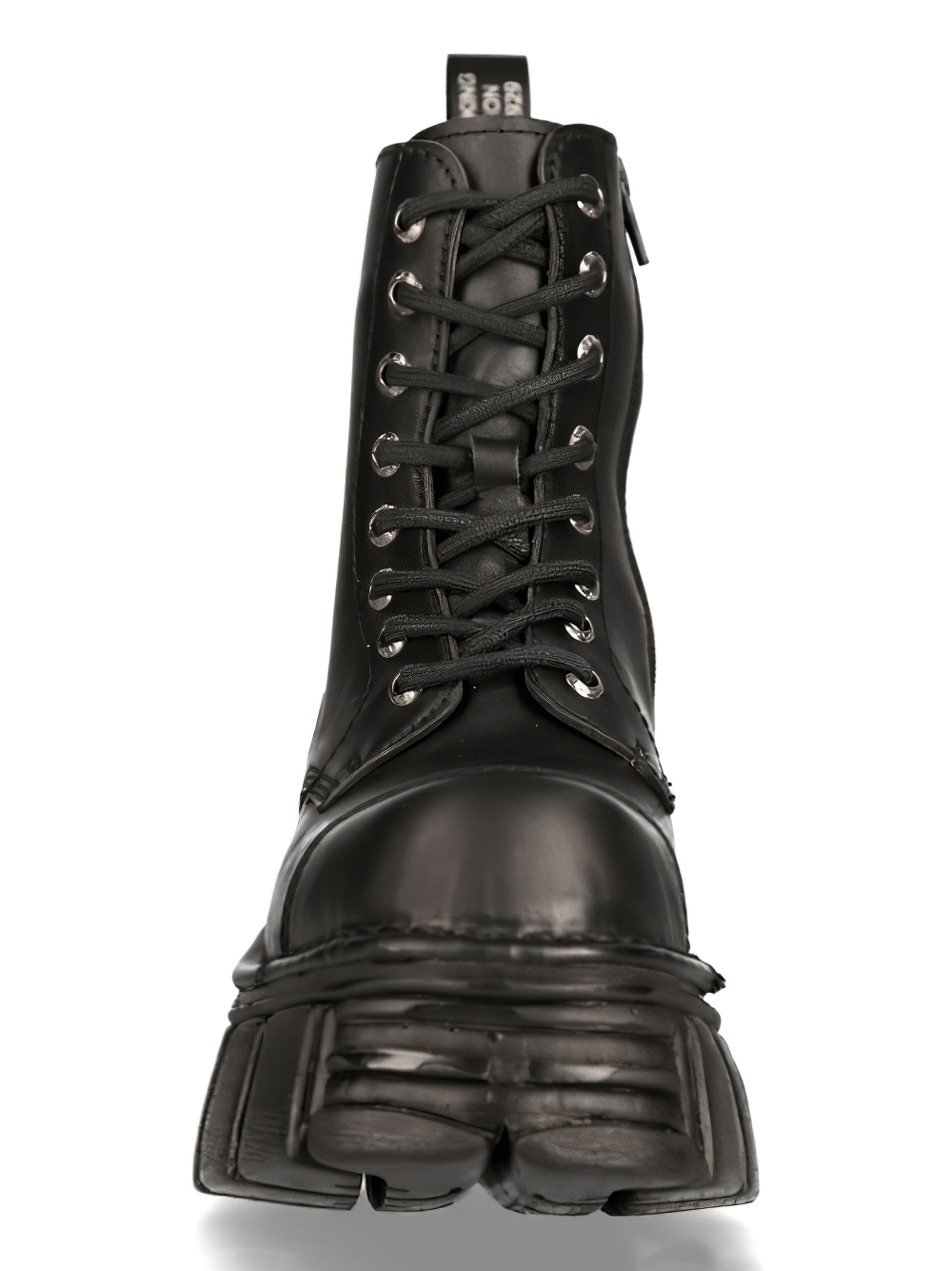 Front view of NEW ROCK Men's durable black military boots with laces, crafted from minimalist cow leather.