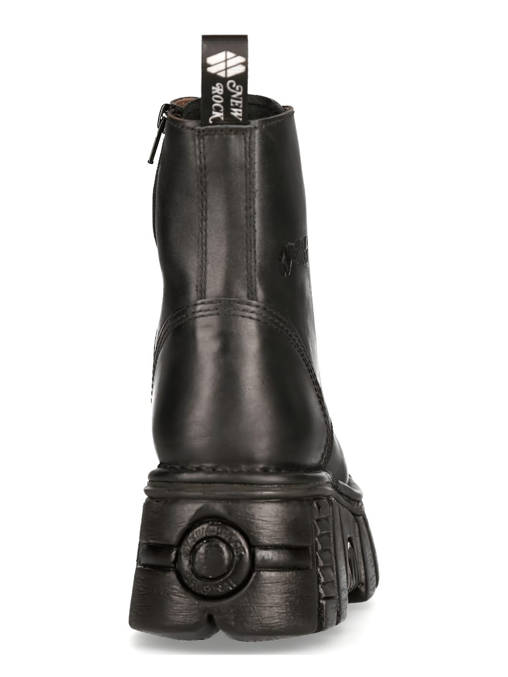 Back view of NEW ROCK durable black military ankle boots with laces made from genuine cow leather.