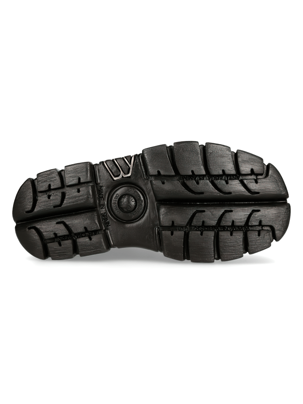Sole of NEW ROCK Men's Black Military Boots showing durable tread design for traction and stability.