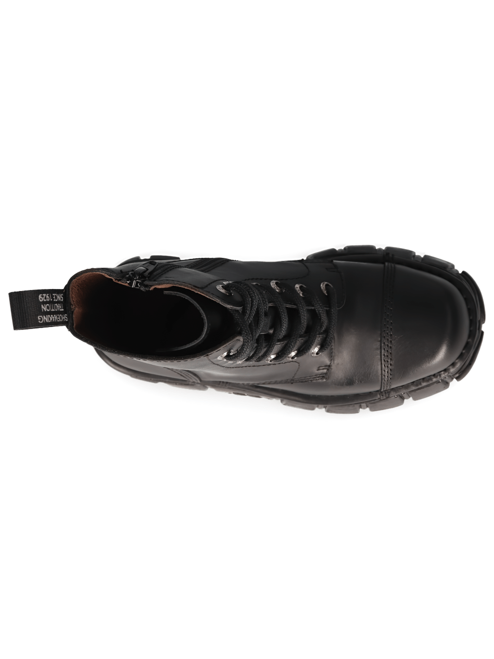 Overhead view of NEW ROCK Men's Durable Black Military Boots with Laces, crafted from minimalist black cow leather.