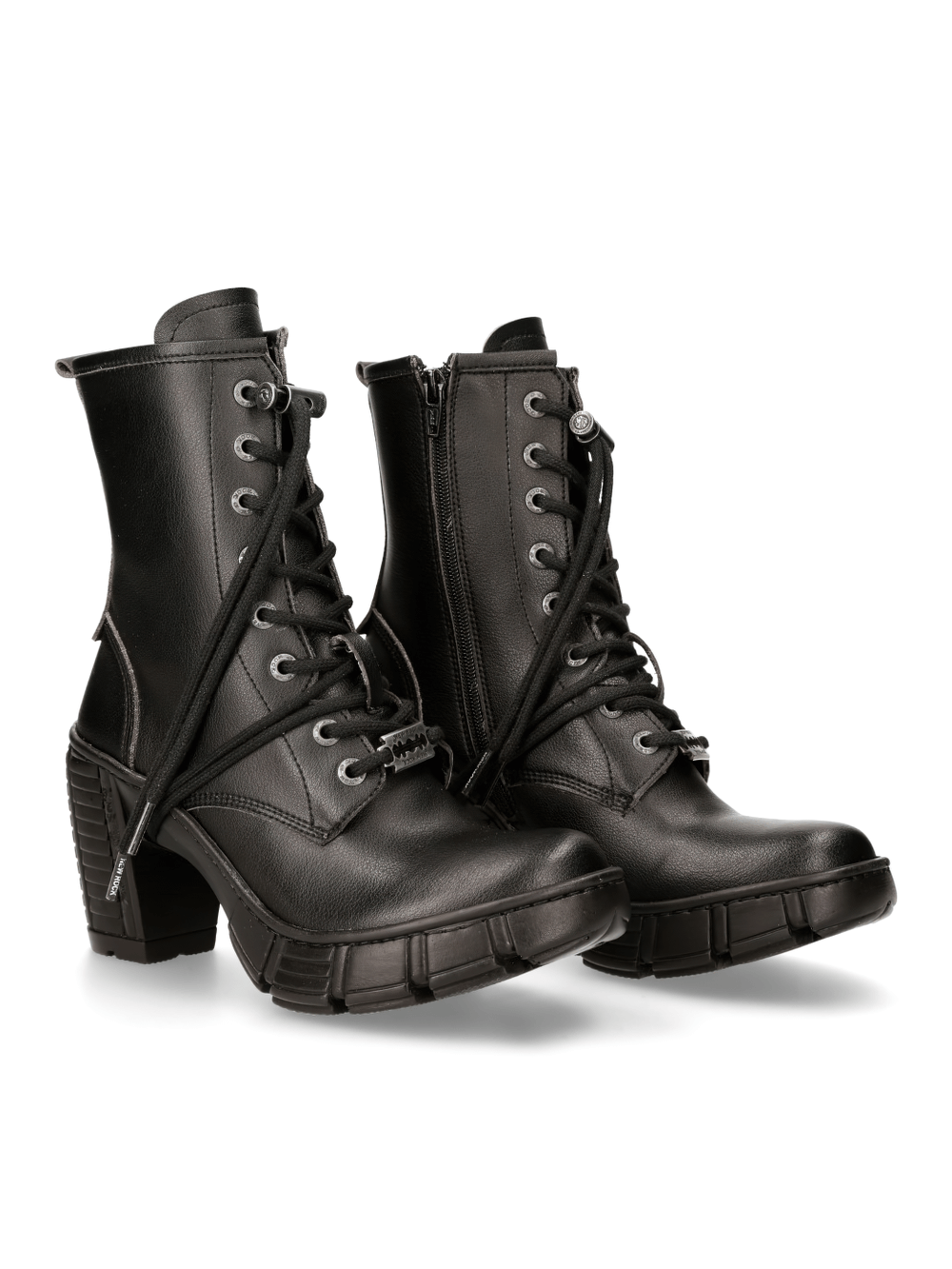 NEW ROCK edgy black ankle boots with metallic accents, featuring zip and lace-up design for urban gothic style.