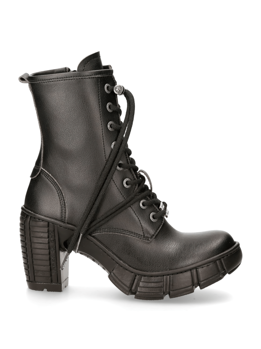NEW ROCK edgy black ankle boots with metallic accents, featuring zip, lace-up design, and chunky heel for urban gothic style.