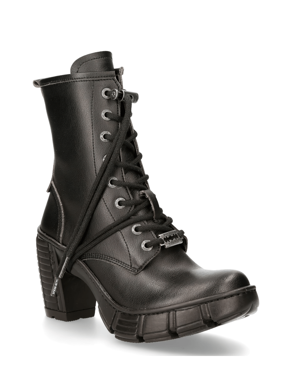 NEW ROCK edgy black ankle boots with metallic accents, zippers, and lace-up design for urban gothic style.