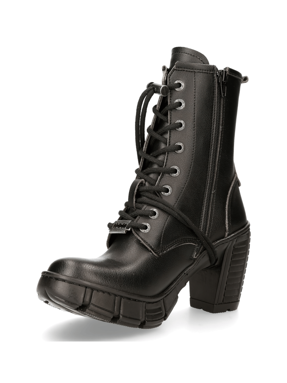 Edgy black ankle boots with metallic accents, lace-up and zip, perfect for urban gothic style.