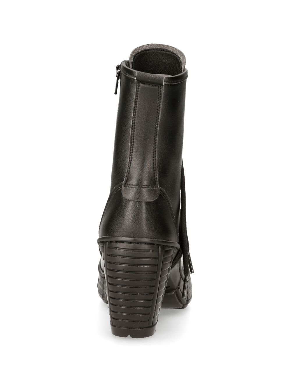 Back view of NEW ROCK black ankle boots featuring a rugged heel and zip closure for an edgy urban look.