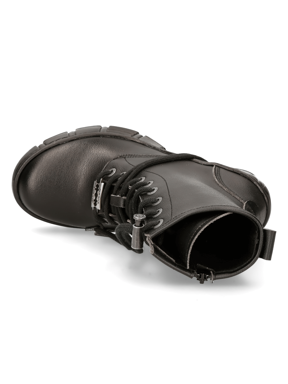 Top view of NEW ROCK edgy black ankle boots with zip and lace-up design, showcasing urban gothic style.
