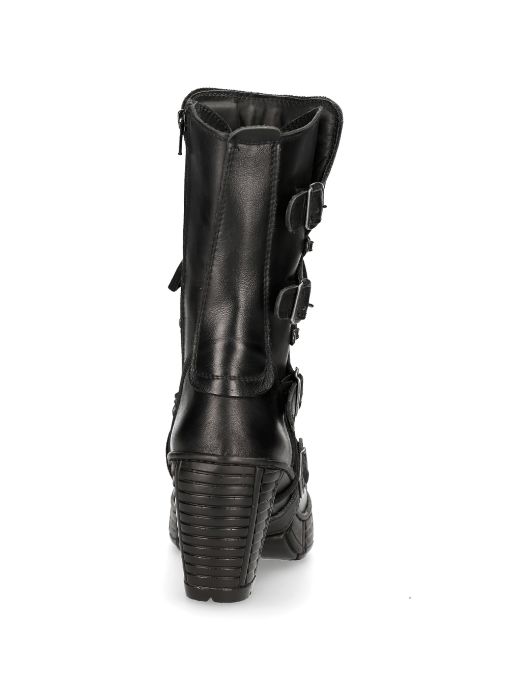 Back view of NEW ROCK edgy black buckle-detail ankle boots showcasing lace-up design and stylish buckles.