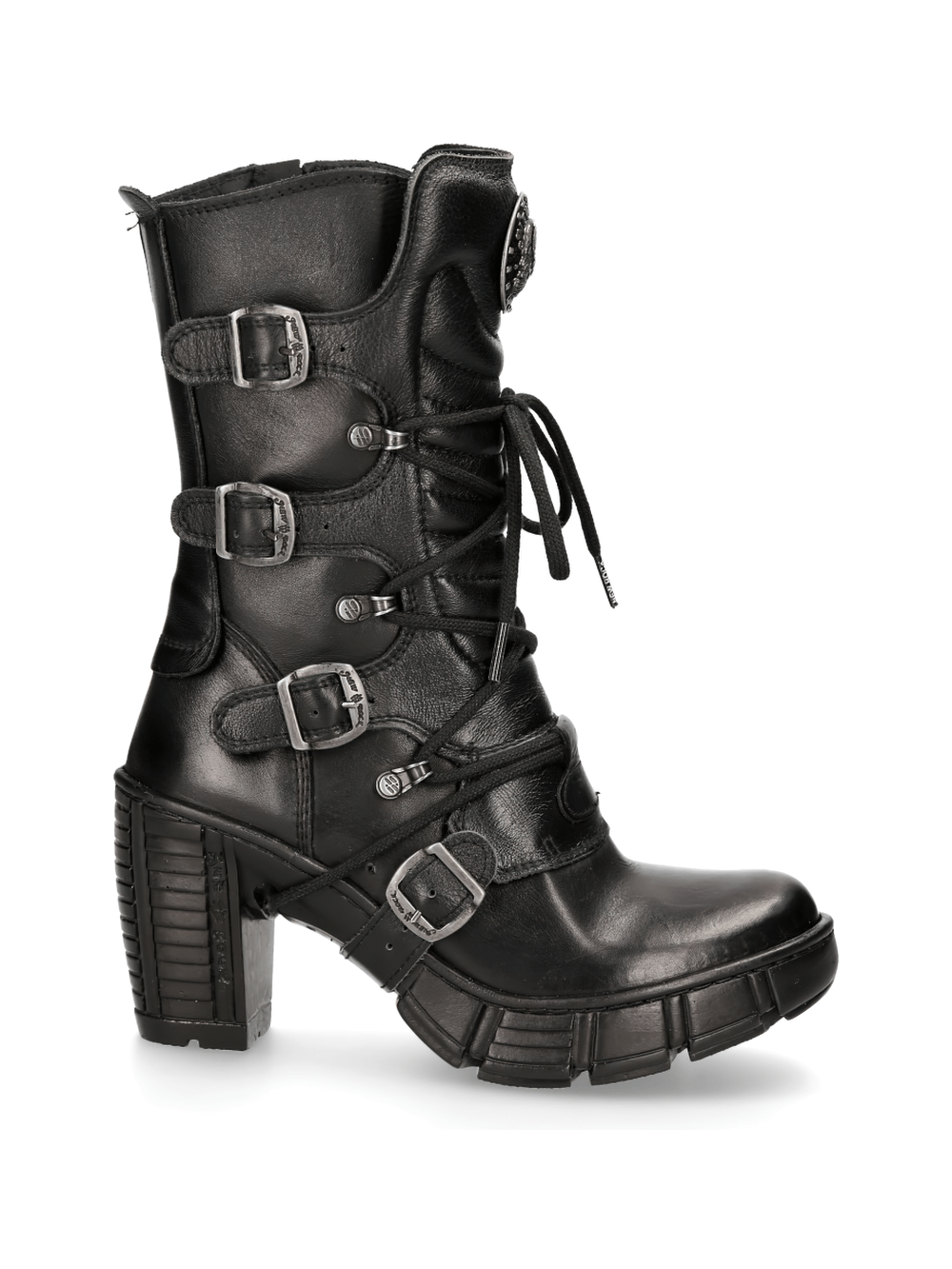 Edgy black buckle-detail ankle boots with lace-up and chunky heel for a fashionable urban look.